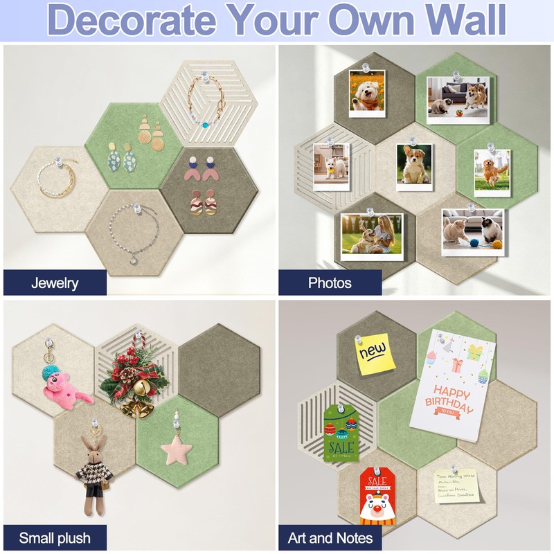 10PCS Hexagon Cork Board Tiles, Self-Adhesive Felt Bulletin for Walls
