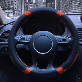 Binsheo Leather Steering Wheel Cover, Breathable, Anti Slip & Odor Free, Black and Orange
