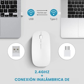 YOMYM Mouse Ratón óptico Inalámbrico Recargable 2.4 G, Silencioso Click con Receptor USB y Tipo-c Adaptador 3 Ajustable DPI Ratón Para Computadora, Ideal para Ordenadores portátiles, PCs, Blanco
