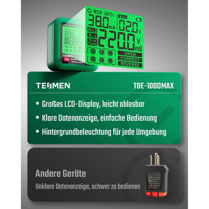 TESMEN TOE-100EMAX Intelligent Socket Tester with GFCI/RCD Trigger Test, LCD