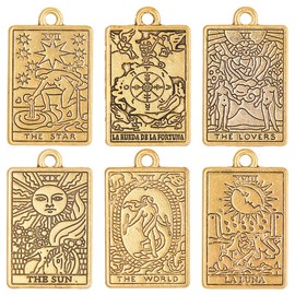 SUNNYCLUE 1 Box 36Pcs Tarot Card Charms Tarot Charm Gold Tarot Charms Bulk Moon Sun Star Charm Rectangle Good Luck Amulet Charm for jewellery Making Charms DIY Earrings Bracelet Necklace Craft
