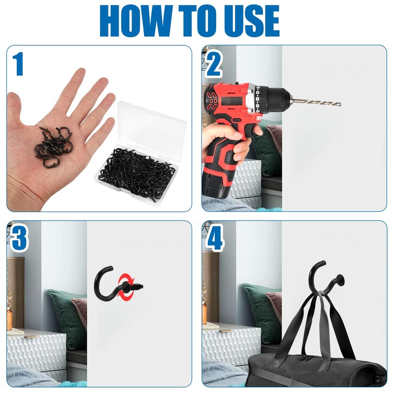Pack of 120 Small Screw Hooks, Black, 3/4 Inch Cup