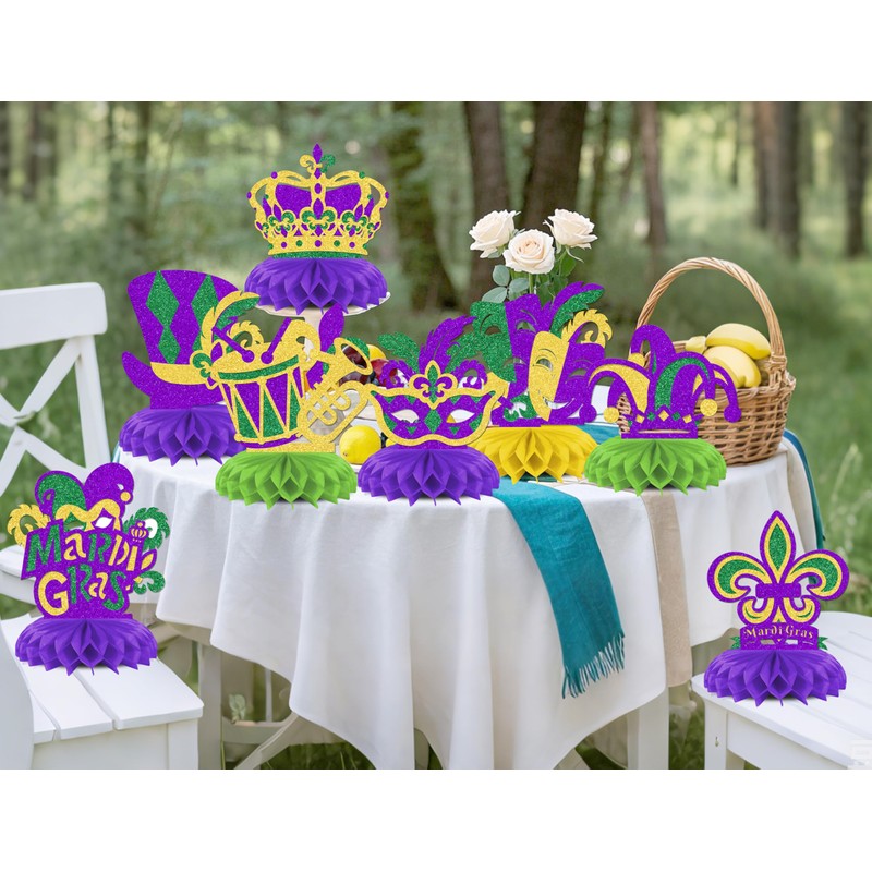 KEWUFD 8PCS Happy Mardi Gras Honeycomb Centerpieces Mardi Gras Decorations