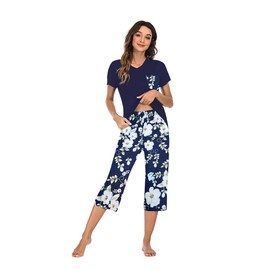 Famulily Three Quarter Ladies Pyjamas Short Sleeve Top+Lounge pants Womens Pyjamas 3/4 length 12-14 Dark Blue L