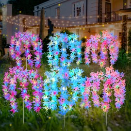 Neporal Solar Flowers Outdoor Waterproof IP65, 5 Lilac Flower Vines with 140+ Flowers, 2 Lightning Modes &Enlarged Solar Panel, 6PK Blue/Pink/Purple Solar Garden Lights Outdoor for Garden, Yard Decor