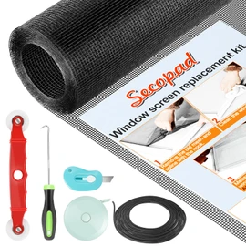 Secopad Window Screens Replacement Repair Kit, Black Screen Door Mesh Replacement Kit, Durable Fiberglass Mesh Roll with Tools for Windows Doors Patio and Porch, 48in x 118in