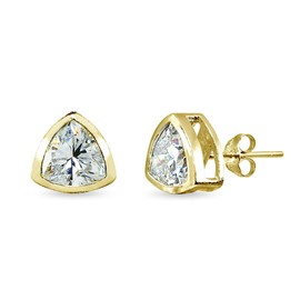 Gold Flashed Sterling Silver 7mm Trillion-Cut Bezel-Set Solitaire Stud Earrings Made with AAA Cubic Zirconia