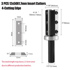 Trvoxviq Carbide Inserts Reversible Pattern Flush Trim Router Bit 1/2'' Shank, 1-1/8" Cut Dia, with 3pcs 12x50mm Replacement, Heavy Duty Bottom Bearing Template Trimmer Router Bit for Wood Trimming