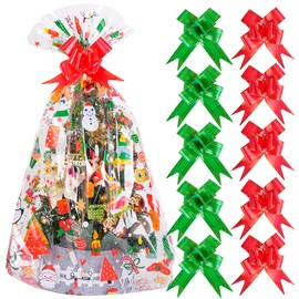 20pcs Christmas Basket Bags 24x36 inch Snowman Santa Cellophane Bags with Pull Bow Set 10 Christmas Packaging Bag 10 Ribbon Bows