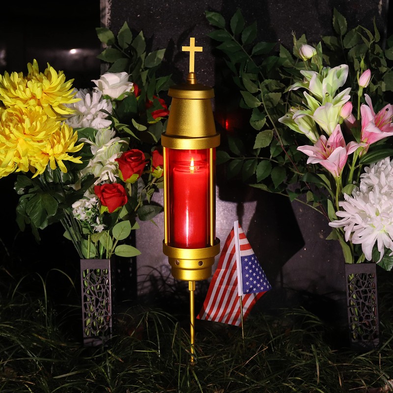 Cemetery Light Candle Holder, Grave Decorations Memorial Lantern with Crosses,