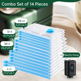 BRODI 14 Combo Pack Travel Vacuum Bags with Pump - Compression Bags for Travel,Vacuum Storage Bags for Space Saver & Travel Essentials,Vacuum Seal Bags for Clothing,Travel Vacuum Bags for Luggage