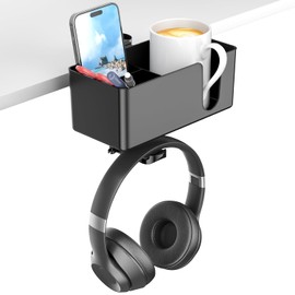 KDD 4 en 1 Portavasos de Escritorio - Gancho Bajo Escritorio para Auriculares - Colgador Giratorio para Auriculares y Almacenamiento de Escritorio Desmontable para Taza, Teléfono y Bolígrafo(Negro)
