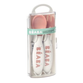 Beaba Second Stage Ergonomisches Baby-Besteck, Löffel und Gabel mit Reiseetui, Rosa