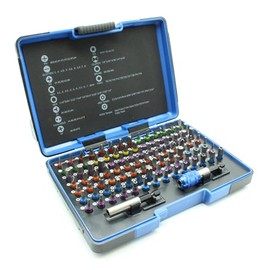 TMAX 100 pc Color Coded Impact Ready Security Bits Screwdriver Set Kit with 2 Quick Chucks, Phillips, Torx, Slotted Flat, Pozi, Hex, Tri-Wing Pozi Clutch, Spline, Square, Spanner, TORQ-Set, Tamper