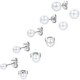 Aroncent 5/6/12 Pairs of Unisex Stud Earrings - Set of Stainless Steel Imitation Pearl Ball Earrings - Ear Piercing Gift for Men and Women - Black, White, Silver - 3 mm / 4 mm / 5 mm / 6 mm / 7 mm / 8 mm, Stainless Steel