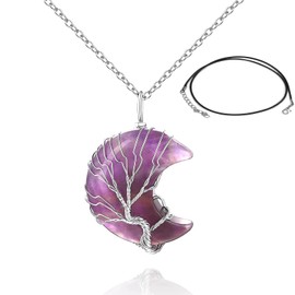Crystal Pendant Necklace - Tree of Life Wrapped Amethyst Pendant Necklace, Healing Crystal Necklaces for Women, Natural Gemstone Quartz Pendant Chain Necklace with Extra 1 Piece Wax Rope,,