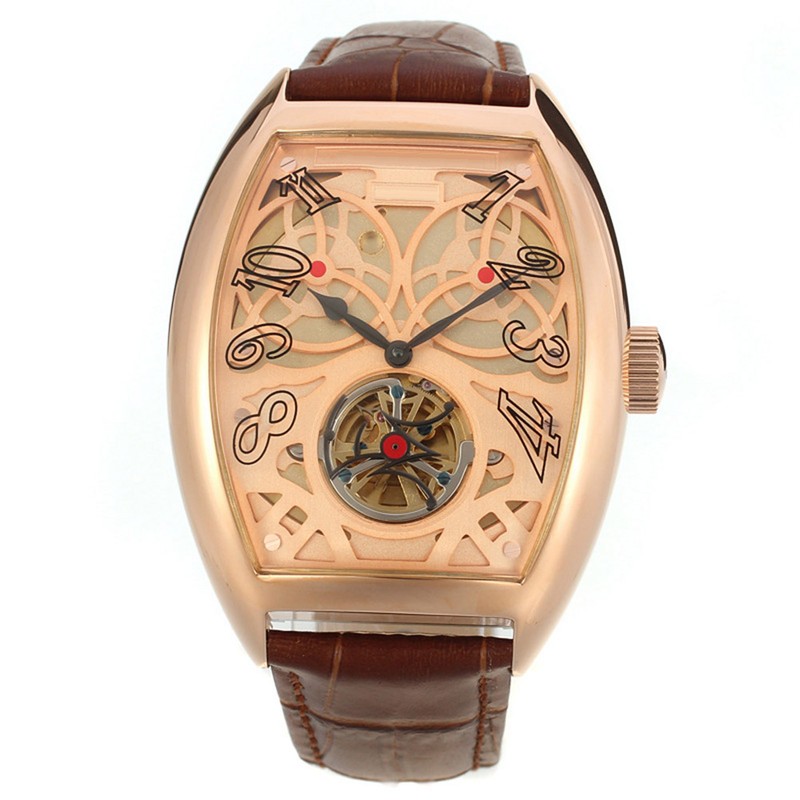 FORSINING Full automatic Mechanical Barrel Shaped Leather Band Men Watch(Rose