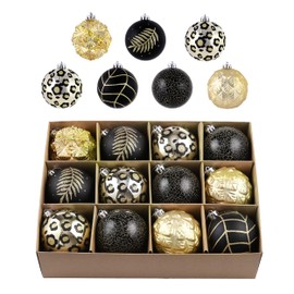 Valery Madelyn Christmas Baubles, Pack of 12 8 cm Christmas Tree Baubles Plastic Christmas Baubles Christmas Decoration with Hanger Gift Package Christmas Tree Decoration Black Gold Theme