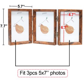 TOFOREVO 5x7 Triple Picture Frame Rustic Brown Wooden Hinged Beveled Photo Frame Definition Glass 3 Vertical Openings Stand on Desktop Tabletop