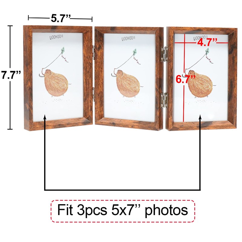 TOFOREVO 5x7 Triple Picture Frame Rustic Brown Wooden Hinged Beveled