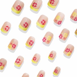 BABALAL Press on Nails Short Square Fake Nails Yellow French Tip Glue on Nails Pink Flower Acrylic Nails Summer False Nails Art 24pcs Squoval Manicure Full Cover Artificial Nails for Women Girls