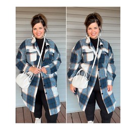 IN'VOLAND Women's Plus Size Flannel Shirts Lounge Long Sleeve Lapel Button Up Plaid Long Boyfriend Shacket Jacket Blue 20W