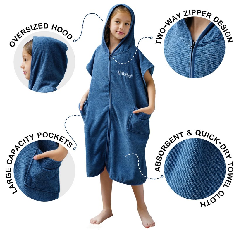 Hiturbo Kids Bath Towel Hoodie: Absorbent Quick Dry Zipper Surf