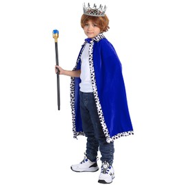 TOGROP Disfraz de rey para niños, juego de bata de corona de cetro para niños, capa de príncipe real, disfraz de cosplay, color azul
