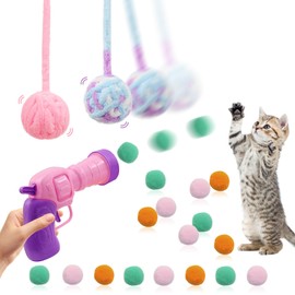 Cat Toy Ball Launcher with 50pcs Little Soft Pom Pom + 2pcs Wool Balls, Funny Interactive Cats Silent Colorful Ball Shooting Chasing Training Toys for Indoor Outdoor Adult Cats and Kitten Presents