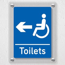 V Safety Disabled Toilets Arrow Left Blue 200 x 300 mm - Acrylic Perspex Cast Clear Safety Sign