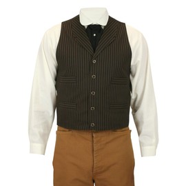Historical Emporium Men's Cotton Striped Casual Work Vest, Victorian Old West Edwardian Ferndale Waistcoat L Brown/Navy