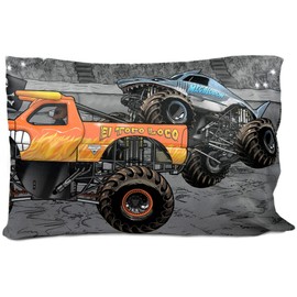Jay Franco Jay Franco Monster Jam Grave Finish Line 1 Single Reversible Pillowcase Features Grave Digger, Megalodon, & El Toro Loco - Double-Sided Kids Super Soft Bedding