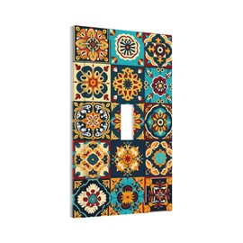 Mexican Talavera Ceramic Tile Moroccan Boho Decorative Light Switch Cover 1 Gang Single Toggle Device Electrical Faceplate Switchplates Decorator Outlet Wall Plate for Bathroom Kitchen Decor