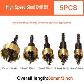 High Speed Steel Drill Bit Hole Saw Set 5PCS, Titanium-Plated Pilot Drill Bits, Hole Saw Cutter Tooth Carbide Tip with Hex Shank for Thin Metal, Stainless Steel, Iron, Plastic (5/8"~1-3/16")