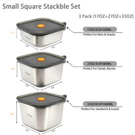 YUPER Stainless Steel Food Containers, Meal Prep Containers, Bacon Cheese Sandwich Container for Refrigerator, Stainless Steel Containers with Airtight Lids, 3 Pack (17+27+33OZ)