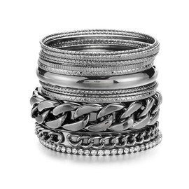 Ensoul Multiple Textured Metal Bracelets & Bangles Set 14Pcs/Set W/Clear Rhinestones, 2 68 inch, Rhinestone Metal