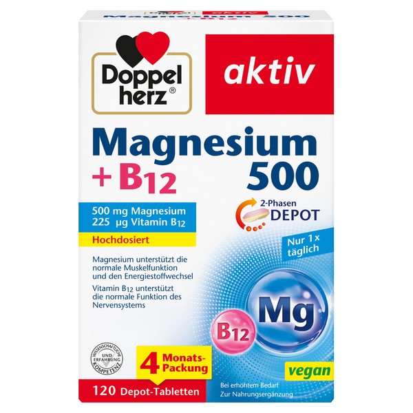 Doppelherz Magnesium 500 + B12 2-Phase - High Dose with 500 mg Magnesium per Depot Tablet - Vegan - 120 Tablets
