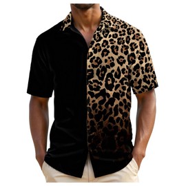VIPWOLF Men's Leopard Print Tops Button Down Short Sleeve Summer Cheetah Shirts Casual Trendy Top Black Leopard XX-Large