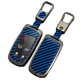 OTMIK Zinc Alloy Carbon Fibre Car Key Cover Suitable for Jeep Renegade Compass Grand Cherokee for Chrysler 300C Wrangler Dodge Keychain Accessories (Blue)
