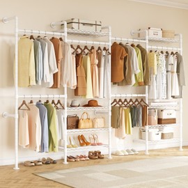 ONBRILL H4 Wall Mounted Closet System, Expandable Industrial Pipe Clothes Rack Clothing Rack for Hanging Clothes, Heavy Duty Closet Organizers and Storage in Wardrobe Closet - White