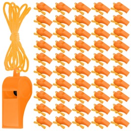 50 Pieces Plastic Whistles with Lanyard Loud Crisp Sound Whistles Bulk for School Trainning Christmas Birthday Party Goody Bag Fillers Party Noisy Whistles (Orange)