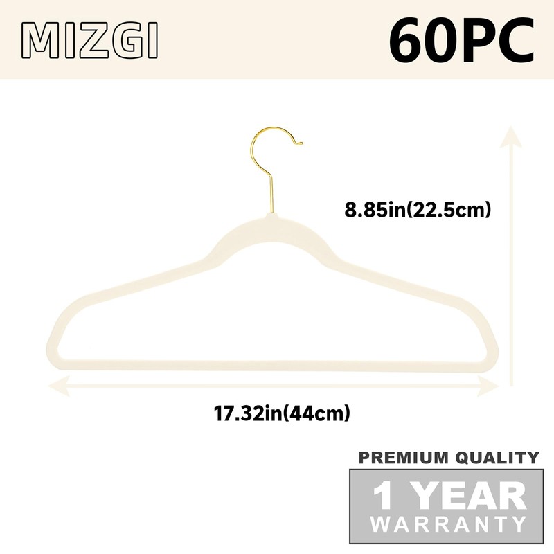 MIZGI Ivory Velvet Hangers 60 Pack,Premium Gold Clothes Hangers Non-Slip