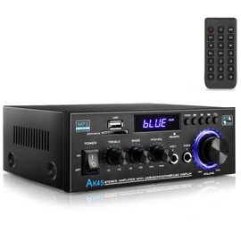 AK45 Audio Amplifier Bluetooth 5.0 HiFi Stereo Amplifier Max 400W 2.0 Channel Audio Power Amplifier Mini AMP Stereo Receiver 12V 5A Power Supply with Remote Control,FM Radio MIC,USB, SD Slot, RCA