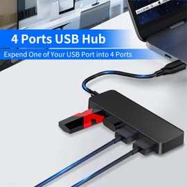 USB Hub 4 Port USB 2.0 Splitter Hub Expander for Laptop Computer Flash Drive Console Printer Camera Keyboard Mouse More 1 to 4 Jack Extender for Charging/Data Sync