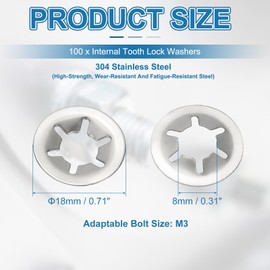 PATIKIL M8 Star Internal Tooth Lock Washers, 100 Pcs Push on Retaining Clips 304 Stainless Steel Quick Speed Locking Washers for Fastening, Silver