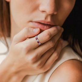 DAYBYDAY Ruby Ring 925 Sterling Silver Red Eternity Band Rings for Women Lab Created Ruby Wedding Band July Birthstone Ring