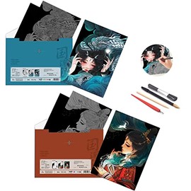 Scratch Rainbow Painting Art Paper,Scratch & Sketch Art for Kids & Adults,Scratch Painting Creative Gift Art & Craft Set,Sketch Pad DIY Scratchboard with 4 Tools,11.7''x8.3''(Asian Girl)