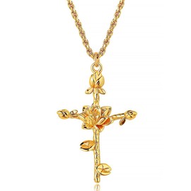 APMUTSS Cross pendant Necklace for Women, Dainty Birth Flower Necklace 18K Gold Plated Trendy Stainless Steel Chain Jewelry