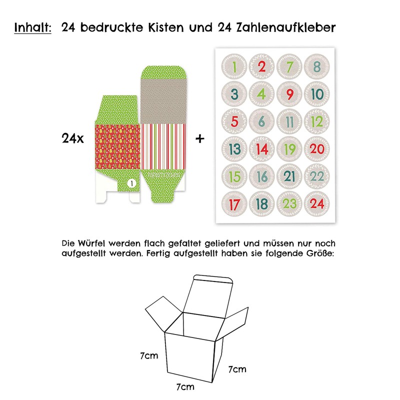 Papierdrachen 24 Advent calendar boxes - red green beige design