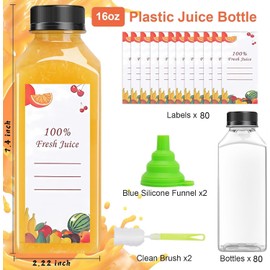 OBKJJ 80pcs 16oz Pcs Juice Bottles, Juice Bottle with Caps Reusable Empty Clear Bottles with Label, Funnel, Brush Bulk Beverage Containers for Juicing, Drinking, Smoothie and Other Beverages (16oz)